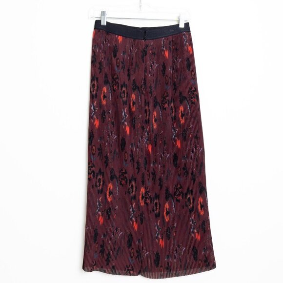 Sandro Pleated Midi Skirt Floral Burgundy Size 1 - Picture 3 of 16